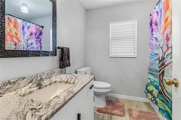 Bathroom with hardwood / wood-style floors, toilet, and vanity