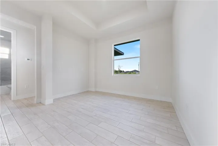Unfurnished room featuring wood finish floors and a raised ceiling