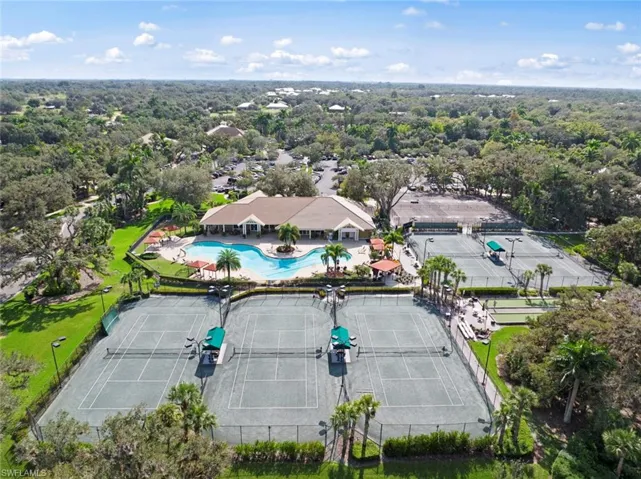 Aerial view of tennis, pickleball, bocce, main pool