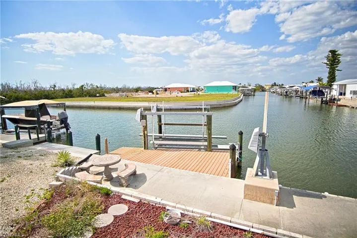 Dock featuring boat lift and a water view