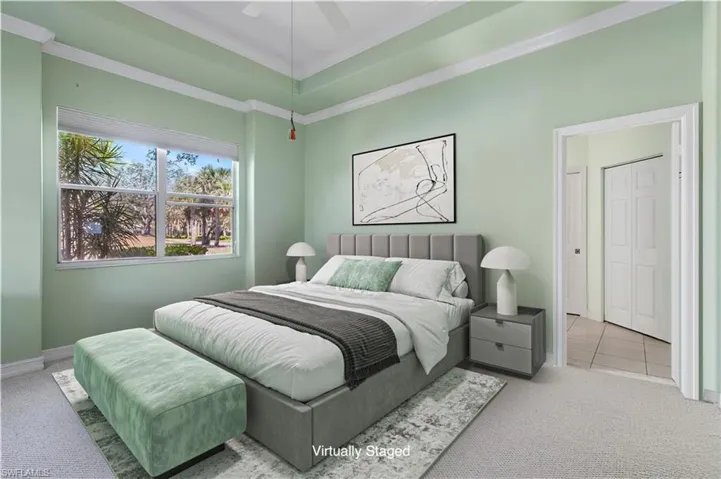 Virtually staged master bedroom.
