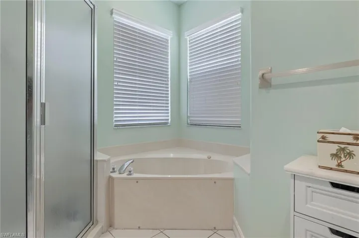Master bathroom tub with windows looking out the back of the home.