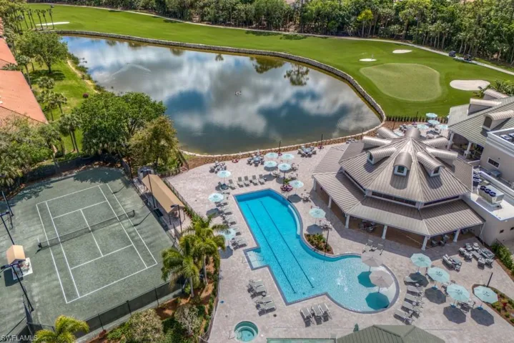 Bird's eye view featuring a water view and golf course view