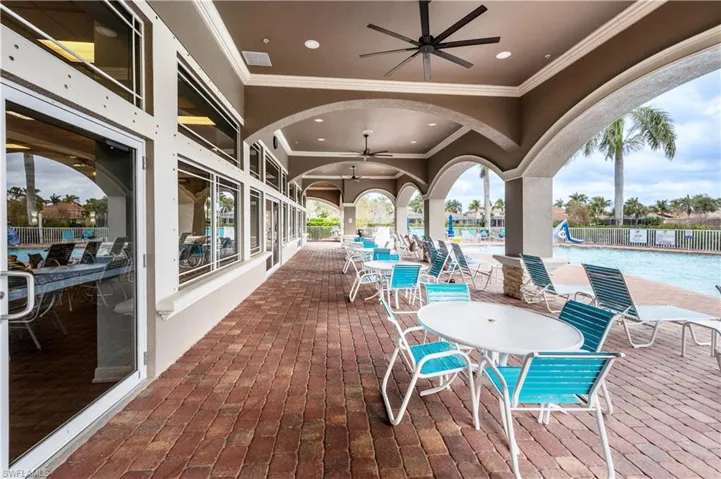 View of patio / terrace with a ceiling fan, outdoor dining area, and a community pool