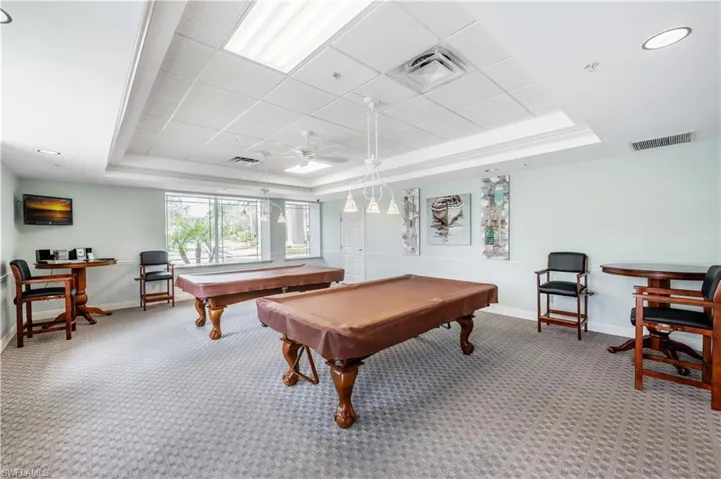 Recreation room featuring billiards, recessed lighting, and ceiling fan
