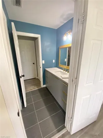 Bathroom with vanity and wood-type flooring