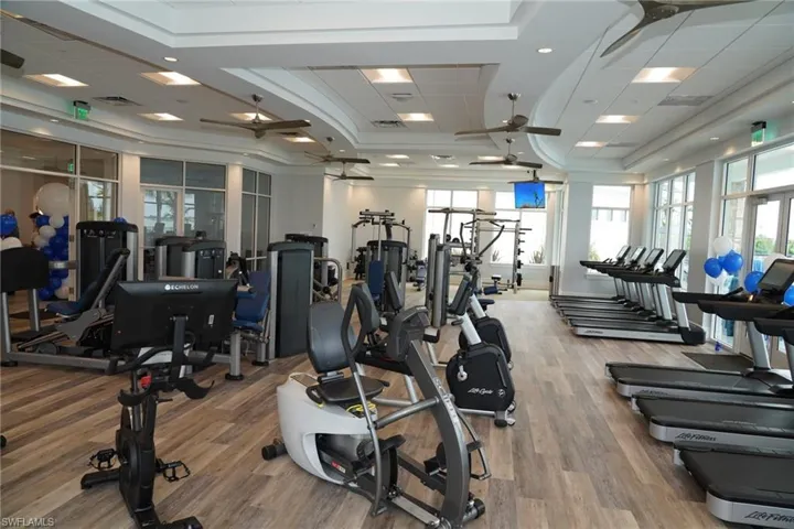 Gym with hardwood / wood-style floors, crown molding, and ceiling fan