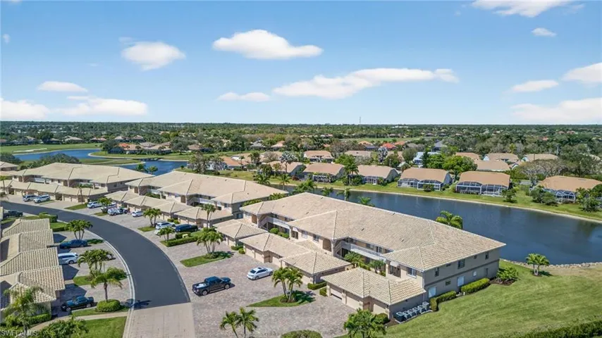 Aerial perspective of suburban area featuring a nearby body of water
