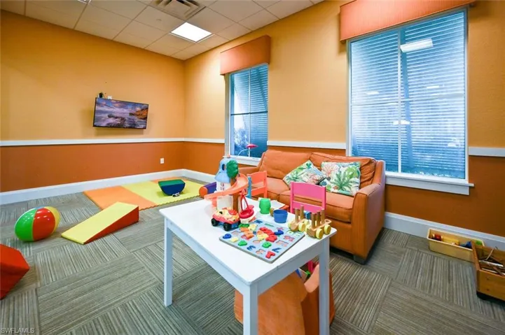 Rec room with carpet floors and a paneled ceiling