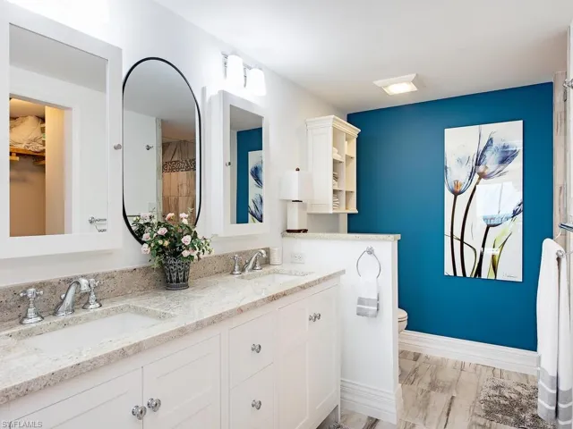 Bathroom featuring double vanity, a walk in closet, and a shower