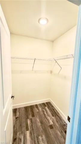 Walk-in closet featuring wood-finish flooring, white baseboards, recessed ceiling light, and wire shelving system