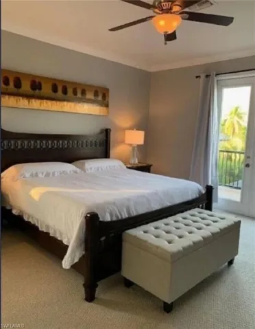 Bedroom featuring crown molding, access to outside, ceiling fan, and carpet floors