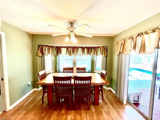 Dining room with ceiling fan and wood-type flooring