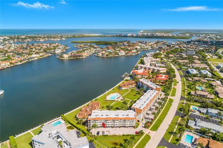 Bird's eye view of a nearby body of water