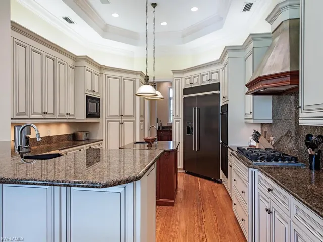 Kitchen featuring a raised ceiling, decorative light fixtures, dark stone countertops, light wood-style floors, and ornamental molding