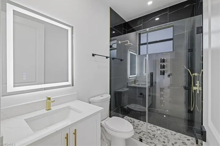 Full bath with vanity and a stall shower