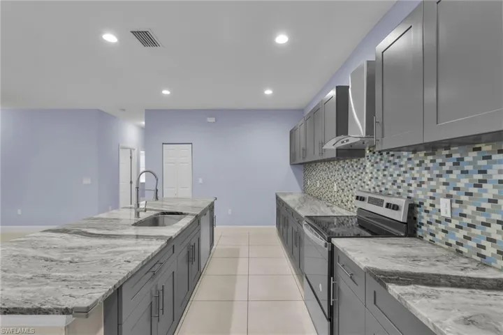 Kitchen with stainless steel electric range, backsplash, sink, wall chimney exhaust hood, and gray cabinets