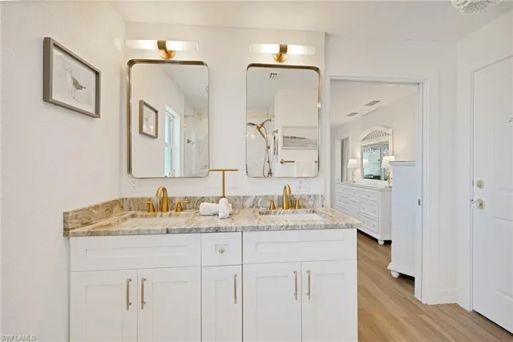 Bathroom with double vanity, walk in shower, wood finished floors, and a sink and walk in closet