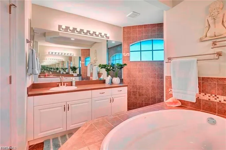 Bathroom featuring vanity, a garden tub, and a walk in shower