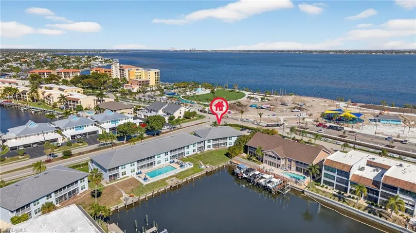 Aerial view of a nearby body of water