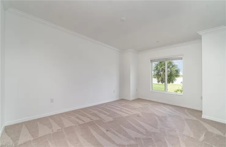Spare room featuring light colored carpet and crown molding