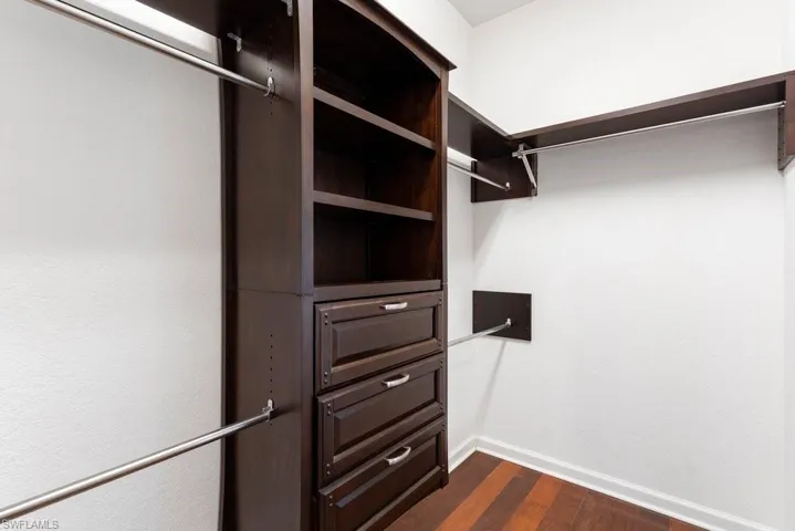 Spacious closet with dark wood-style flooring