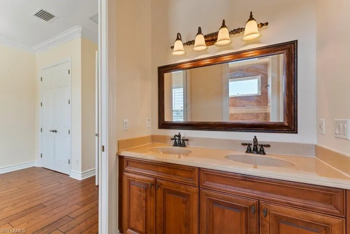 Bathroom with double vanity, a sink, ornamental molding, and visible vents