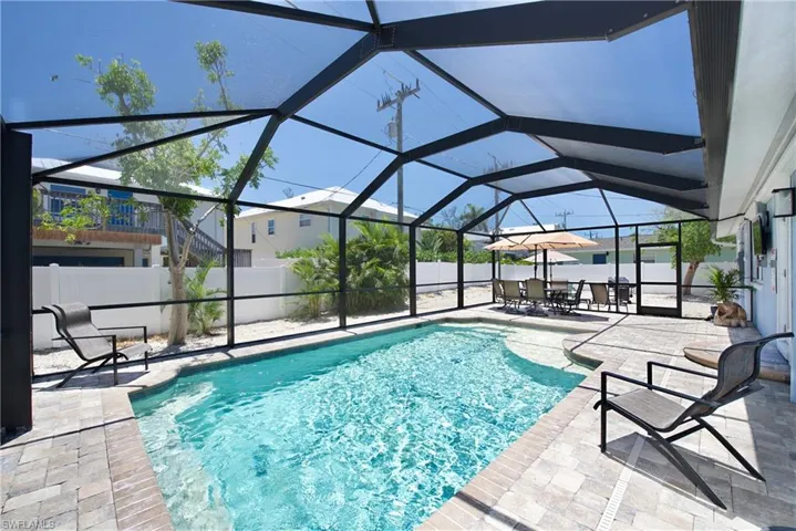 View of pool with a sunroom, a patio area, a lanai, and a fenced backyard - Virtually Edited Image