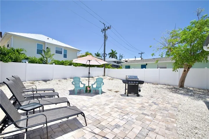 Fenced backyard with a patio area and area for grilling - Virtually Edited Image