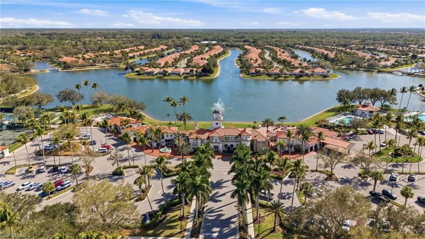 Aerial photo highlighting the community layout and lush landscaping.