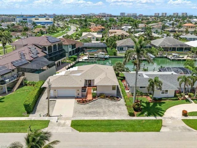Aerial view of residential area on a direct water canal