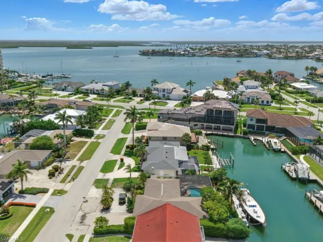 Aerial view of residential area on a direct water canal