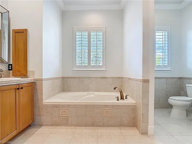 Full bath featuring crown molding, healthy amount of natural light, a bath, vanity, and tile walls
