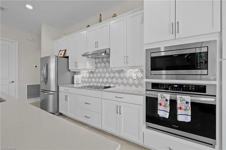 Kitchen with stainless steel appliances, tasteful backsplash, visible vents, under cabinet range hood, and white cabinets