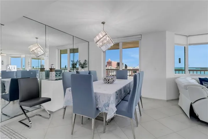 Dining room with hanging lights