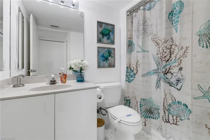 Full bathroom with vanity and a shower with shower curtain