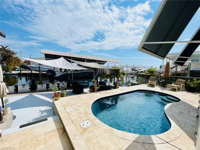 View of pool featuring a patio and a water view