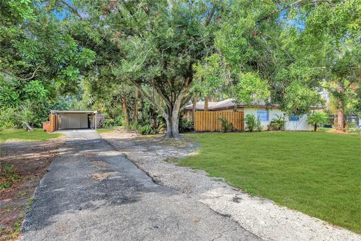 Front of house with beautiful trees and long driveway to the carport.