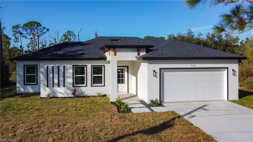 Contemporary stucco exterior featuring a dark asphalt shingle roof and contrasting black-framed windows