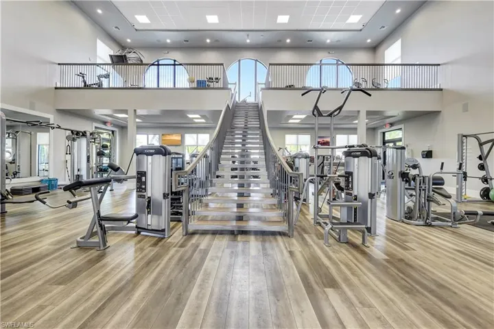 Workout area with a wealth of natural light, a high ceiling, and wood finished floors