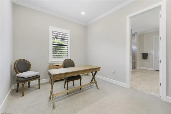 Office featuring crown molding, light carpet, and recessed lighting