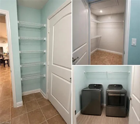 Utility area featuring a laundry closet with appliances, a separate walk-in closet, and an additional storage alcove with wire shelving