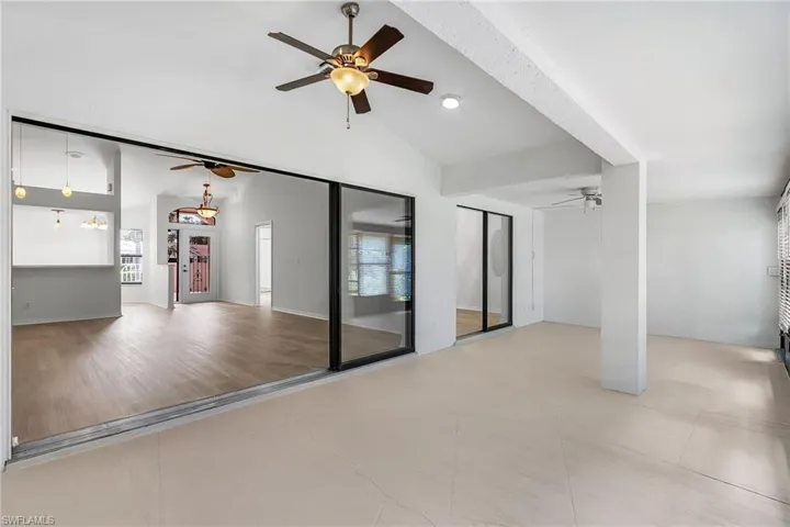 View of patio featuring ceiling fan