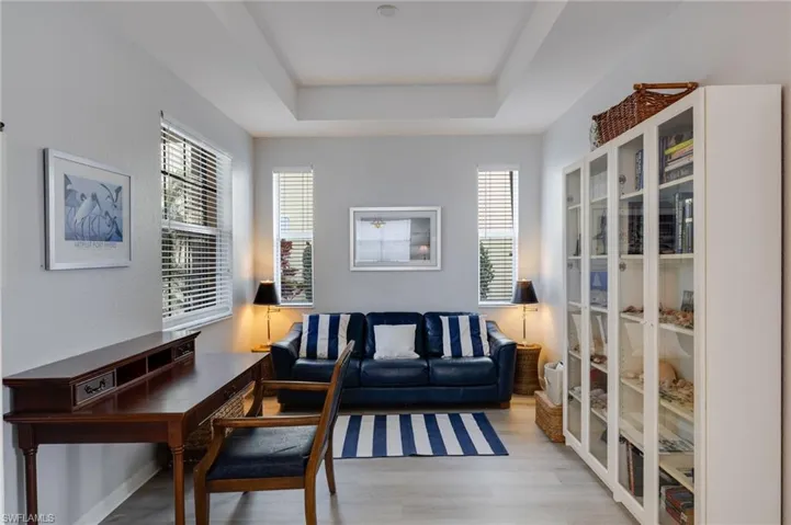 Living area with healthy amount of natural light, light wood-style flooring, and a raised ceiling