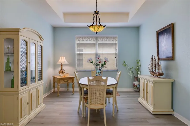 Dining space featuring vinyl finished floors and a tray ceiling