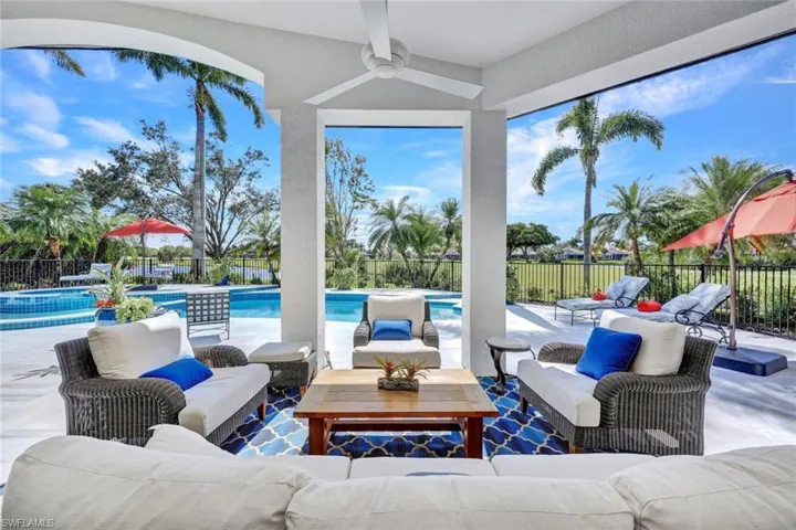 Covered sitting area with ceiling fan to enjoy the fresh air and conversation with your forever views!