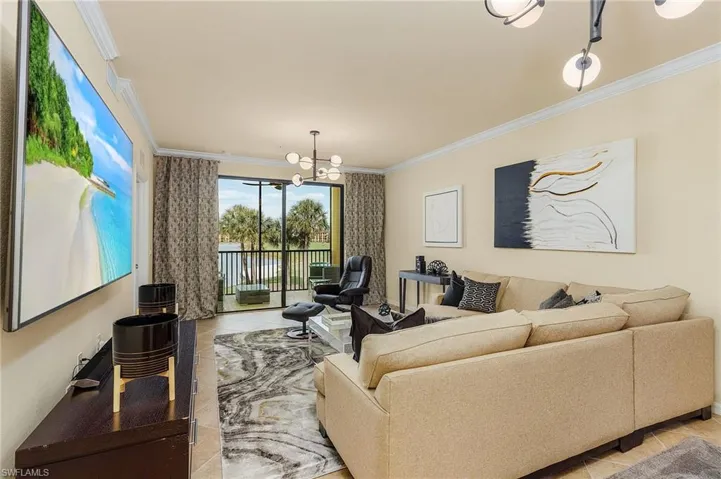 Spacious livinig area with water view.