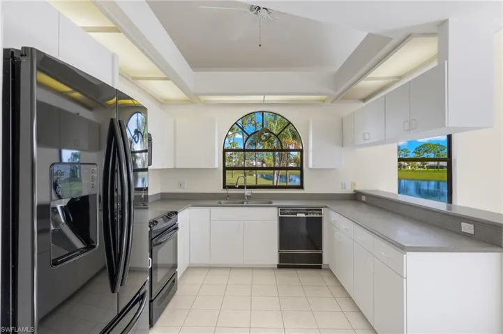 Kitchen featuring a tray ceiling, black appliances, sink, and a healthy amount of sunlight.