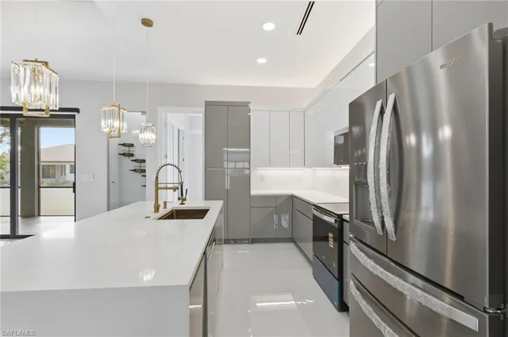 Kitchen with stainless steel appliances, white cabinetry, modern cabinets, hanging light fixtures, and an island with sink