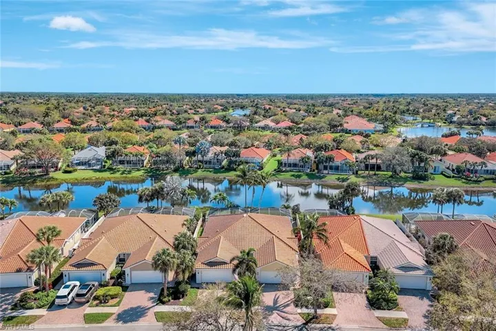 Birds eye view of property with a water view and a residential view